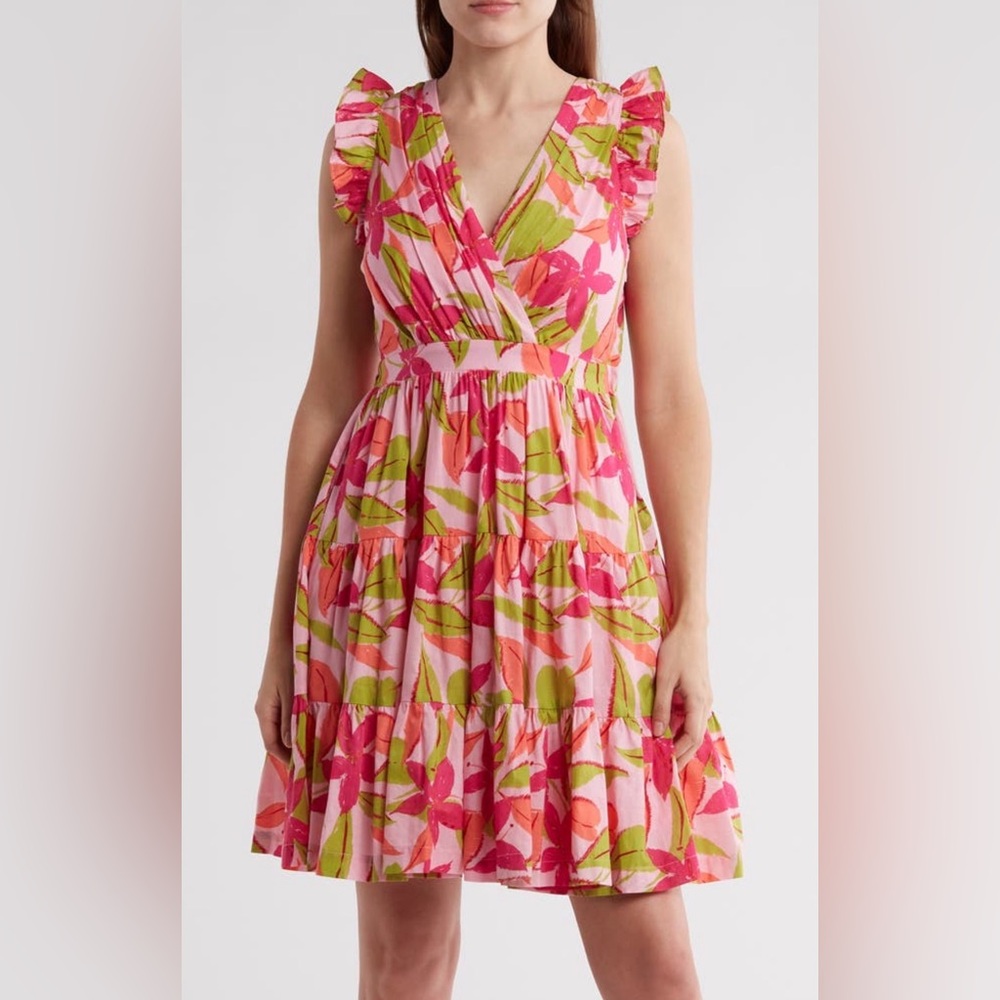 💐Taylor Pink Floral Tiered Sundress with Orange & Green Accents